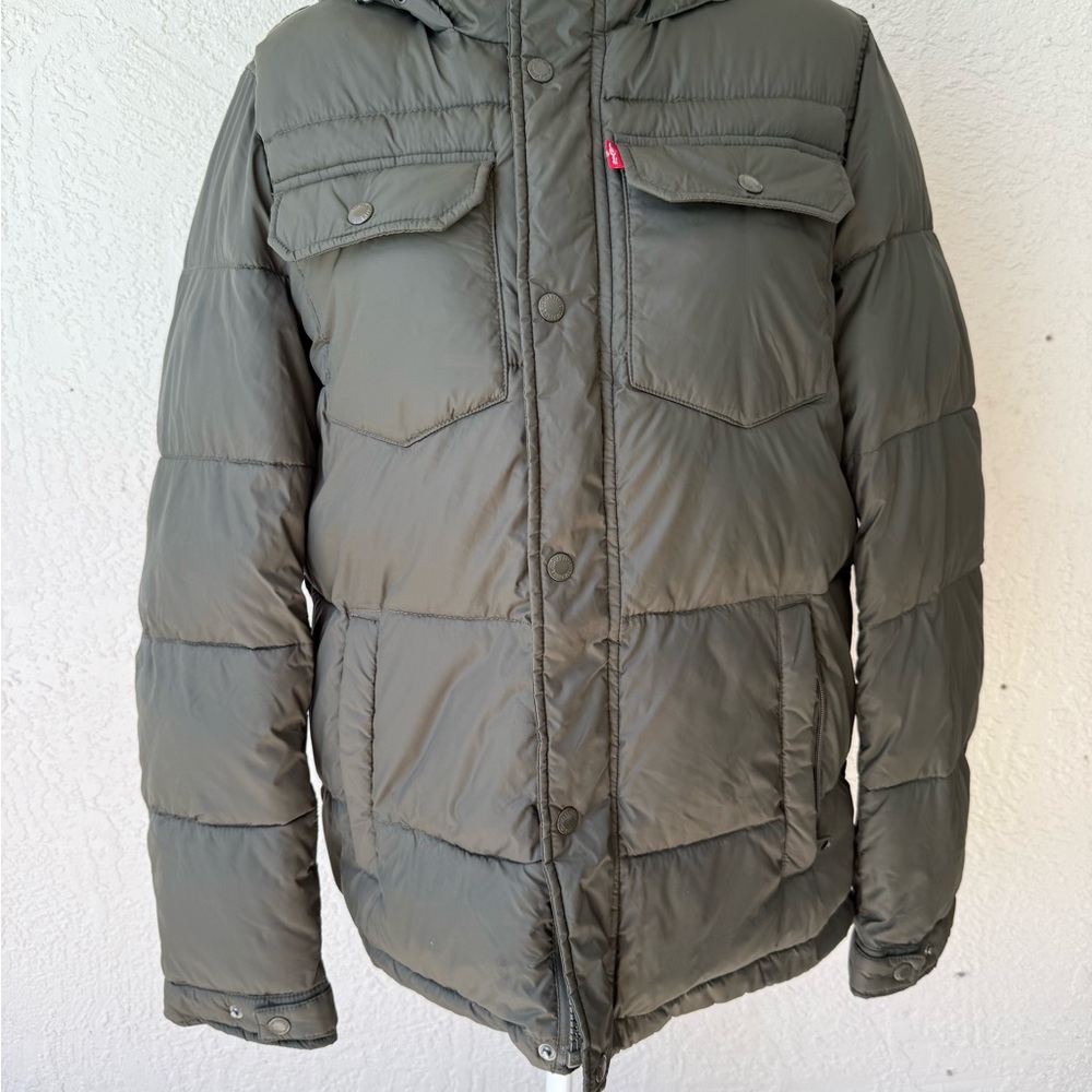 Levis Jacket Mens Green Quilted Puffer Coat Hooded Outdoors Hiking Military S